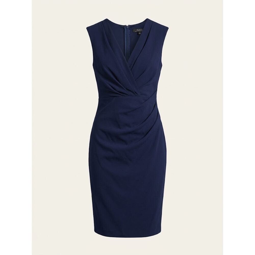 LuLu’s Navy Blue Ruched Draped V Neck Sleeveless Midi Dress